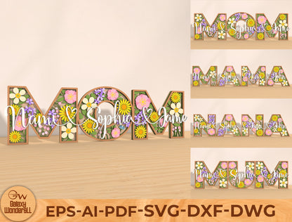 Personalized MOM Floral Name Laser Cut File | Custom Mother’s Day Decor | Layered Botanical Letters | Glowforge, xTool, LightBurn Compatible