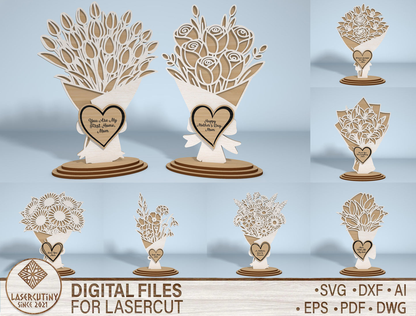 Floral Bouquet Stand Sign SVG Engraved Heart for xTool
