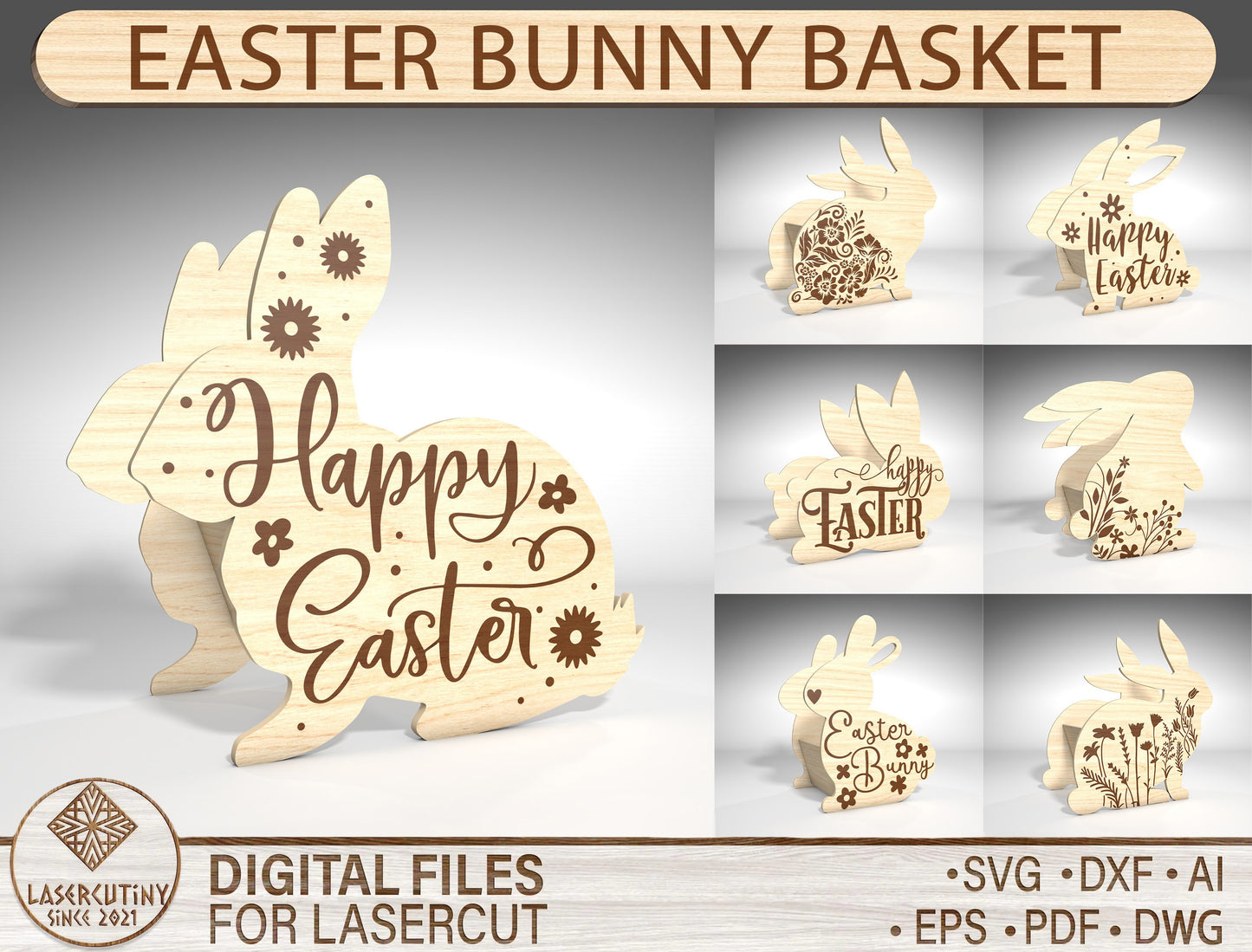 Easter Bunny Basket SVG Wooden Hollow Bunny Candy for LightBurn and xTool