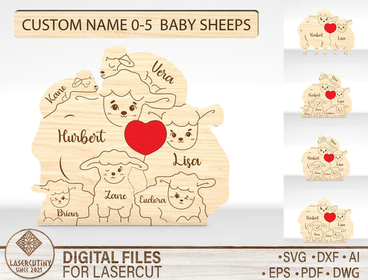 Personalized Family Sheep Puzzle SVG Laser Cut File for Glowforge and LightBurn