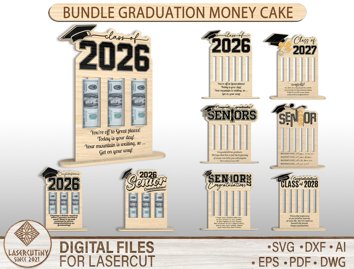 Graduation Money Holder Stand SVG Bundle | Wooden Cash Display Laser Cut File | Glowforge xTool LightBurn Ready
