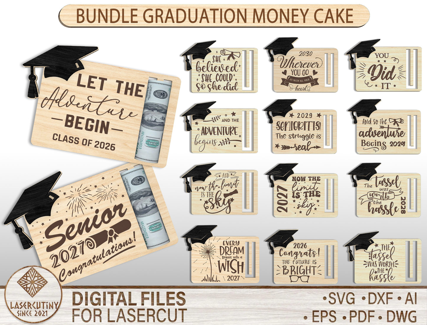 Graduation Money Holder SVG Bundle | Wooden Cash Gift Card Laser Cut File | Glowforge xTool LightBurn Ready