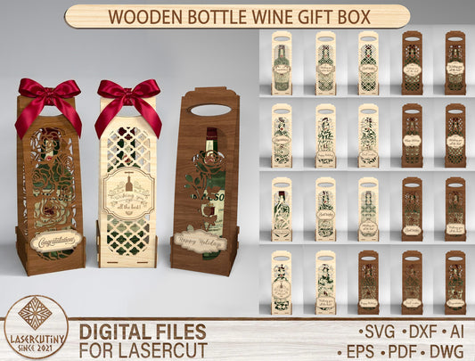 Wooden Wine Bottle Gift Box Bundle SVG Laser Cut File for xTool and Glowforge