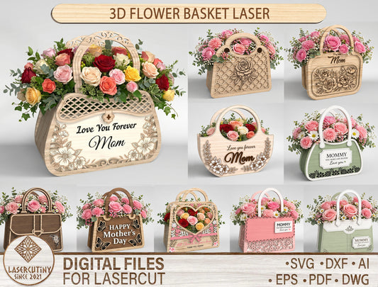 3D Flower Basket SVG Bundle Decorative Wooden Carrier Laser Cut File for xTool and LightBurn