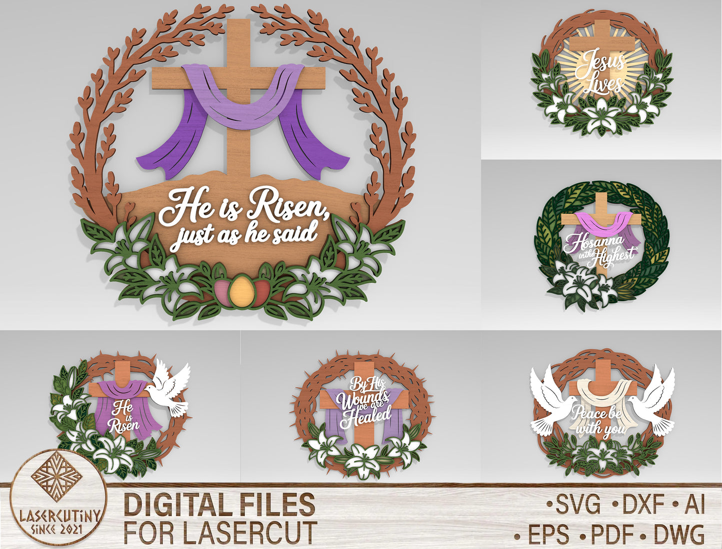 Multilayer Christian Easter Wreath SVG Bundle 6 Designs for LightBurn and xTool