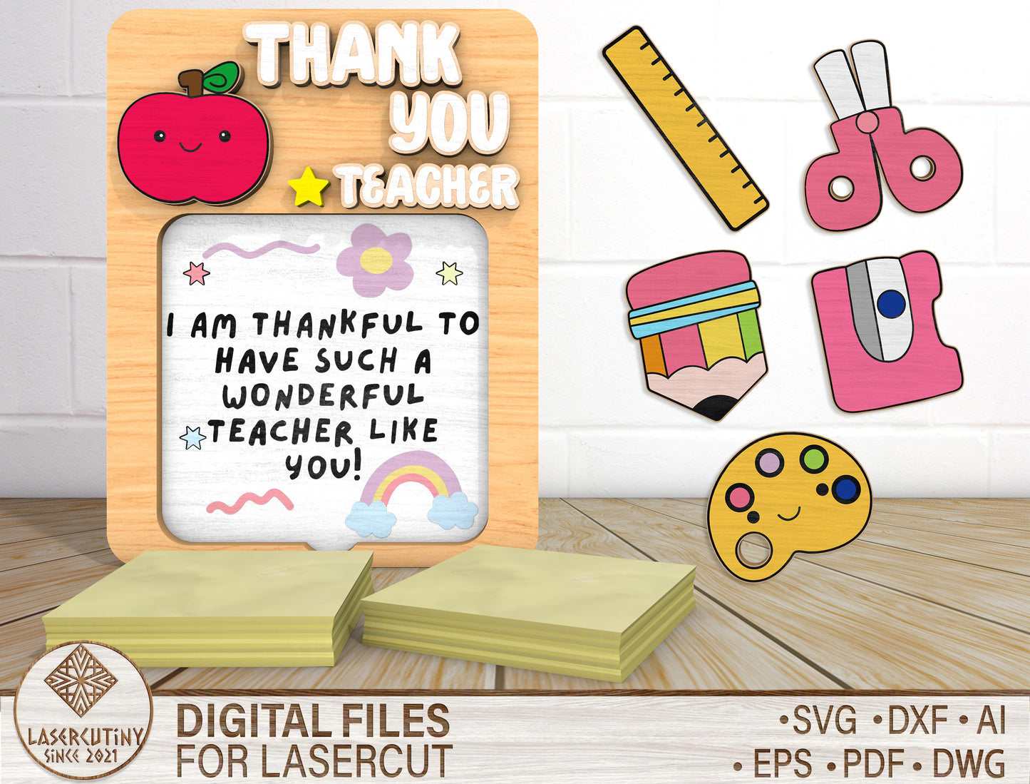Teacher Sticky Note Holder SVG Bundle “Thank You Teacher” for xTool and Glowforge