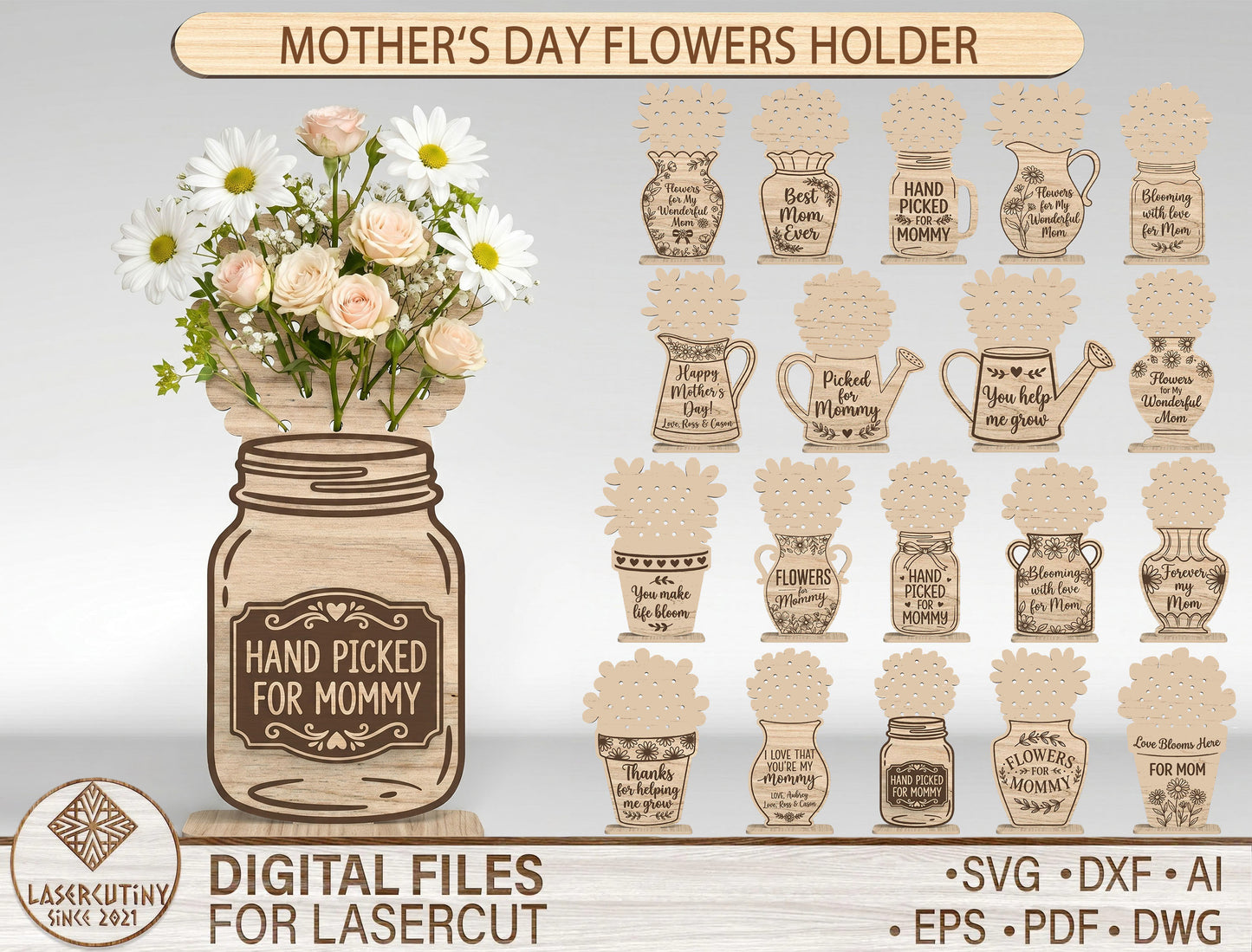 Mother's Day Flower Holder SVG Bundle Laser Cut File for LightBurn and xTool