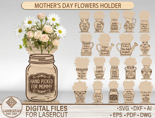 Mother's Day Flower Holder SVG Bundle Laser Cut File for LightBurn and xTool
