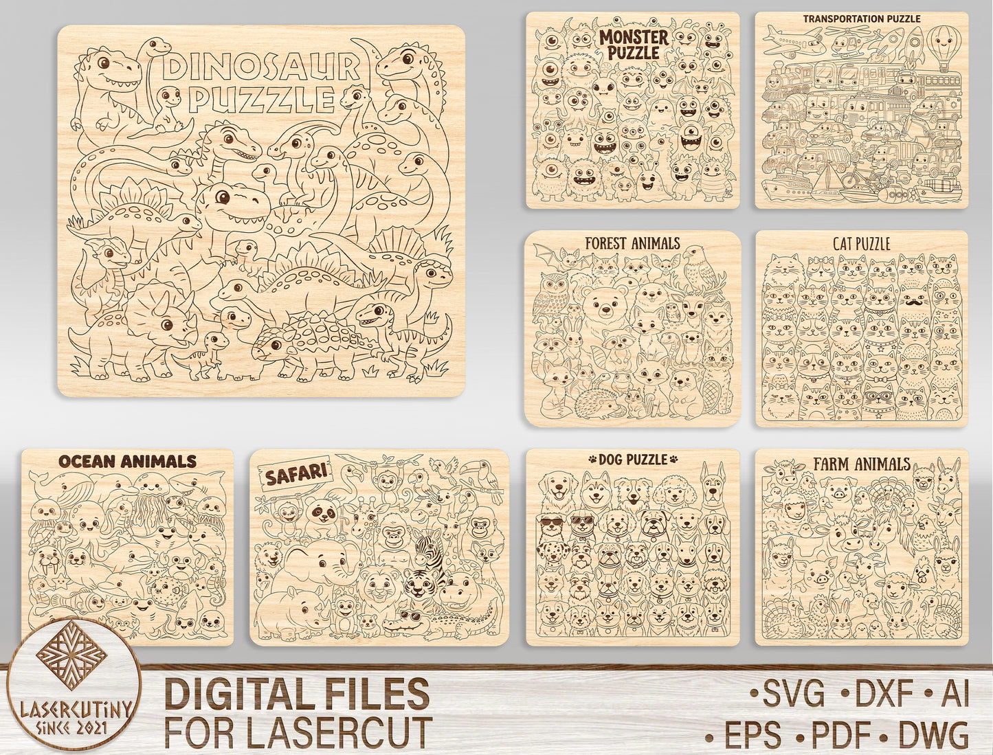 Animal Puzzle Board SVG Bundle for Glowforge xTool LightBurn Kids Educational Puzzle