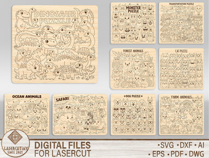 Animal Puzzle Board SVG Bundle for Glowforge xTool LightBurn Kids Educational Puzzle