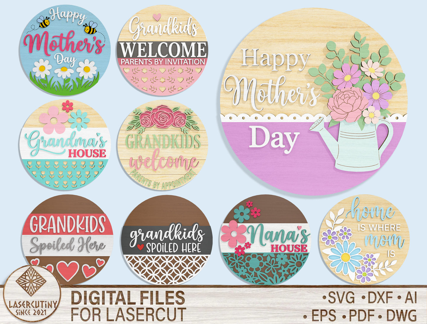 Mom Grandma Round Sign SVG Bundle 9 Designs for LightBurn and xTool