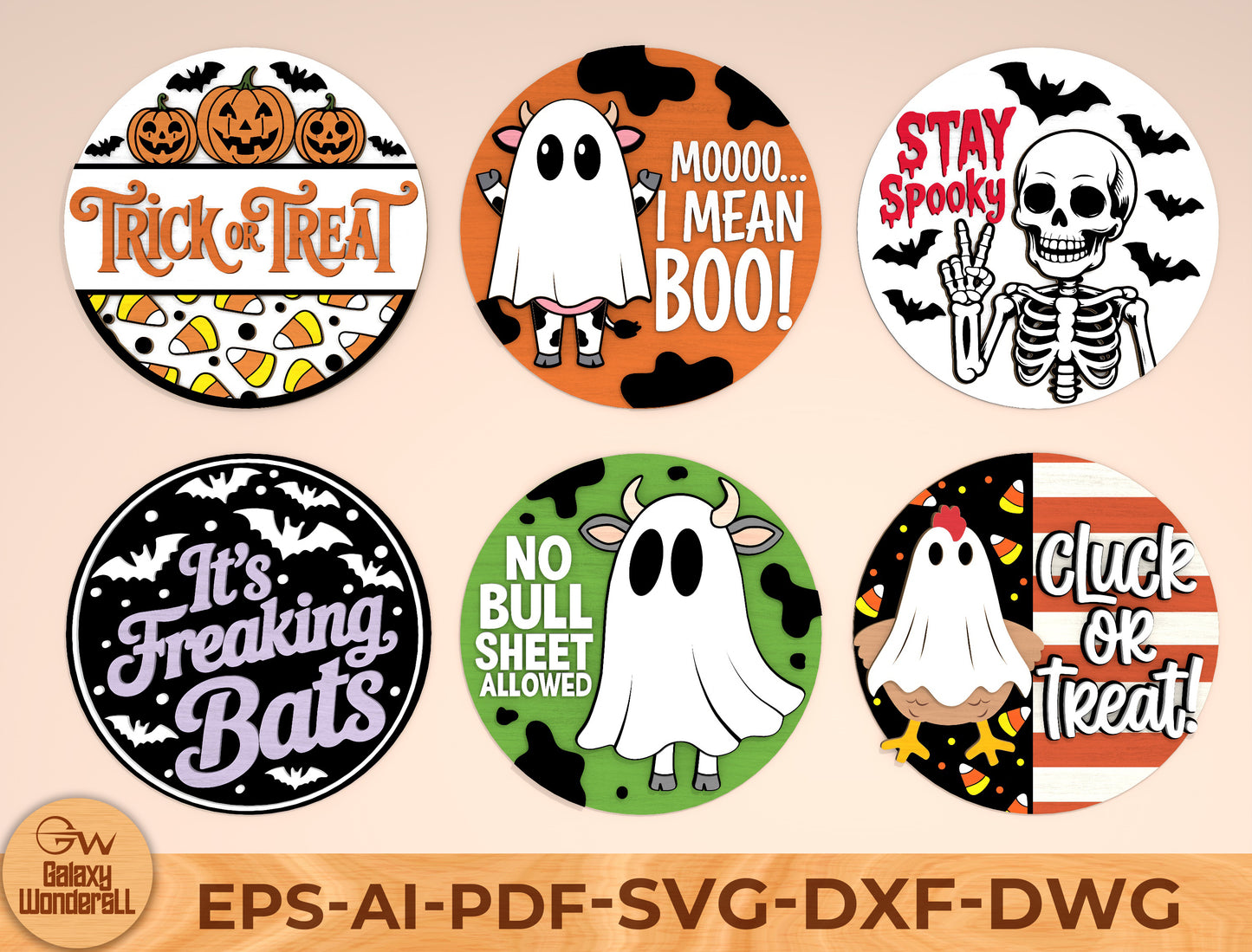 Funny Halloween Round Door Hanger SVG Bundle Laser Cut File | 6 Spooky Quote Designs | Front Door Decor | Glowforge, xTool, LightBurn, etc.