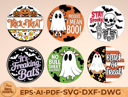 Funny Halloween Round Door Hanger SVG Bundle Laser Cut File | 6 Spooky Quote Designs | Front Door Decor | Glowforge, xTool, LightBurn, etc.