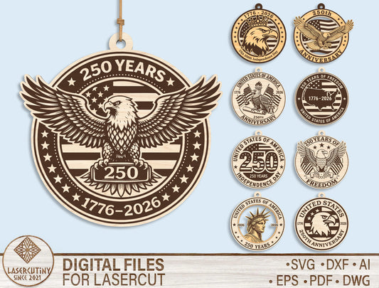 250 Years Eagle Ornament SVG Bundle for Glowforge and LightBurn