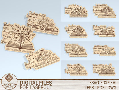 Teacher Floral Book Gift Tag SVG Laser Cut File for Glowforge and xTool