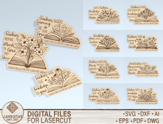 Teacher Floral Book Gift Tag SVG Laser Cut File for Glowforge and xTool