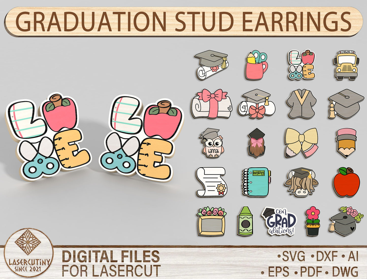 Graduation Stud Earrings SVG Bundle for xTool and LightBurn