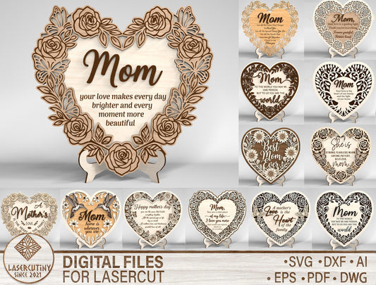 Mom Heart Tabletop Sign SVG Bundle Floral Mother's Day Desk Decor Laser Cut File for Glowforge and LightBurn