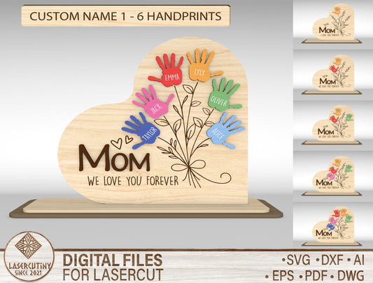 Personalized Handprint Mom Sign SVG Kids Name Flower Laser Cut File for xTool and Glowforge