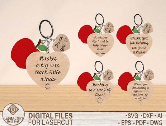Teacher Keychain SVG Bundle “It Takes a Big Heart” Laser Cut File for Glowforge and xTool