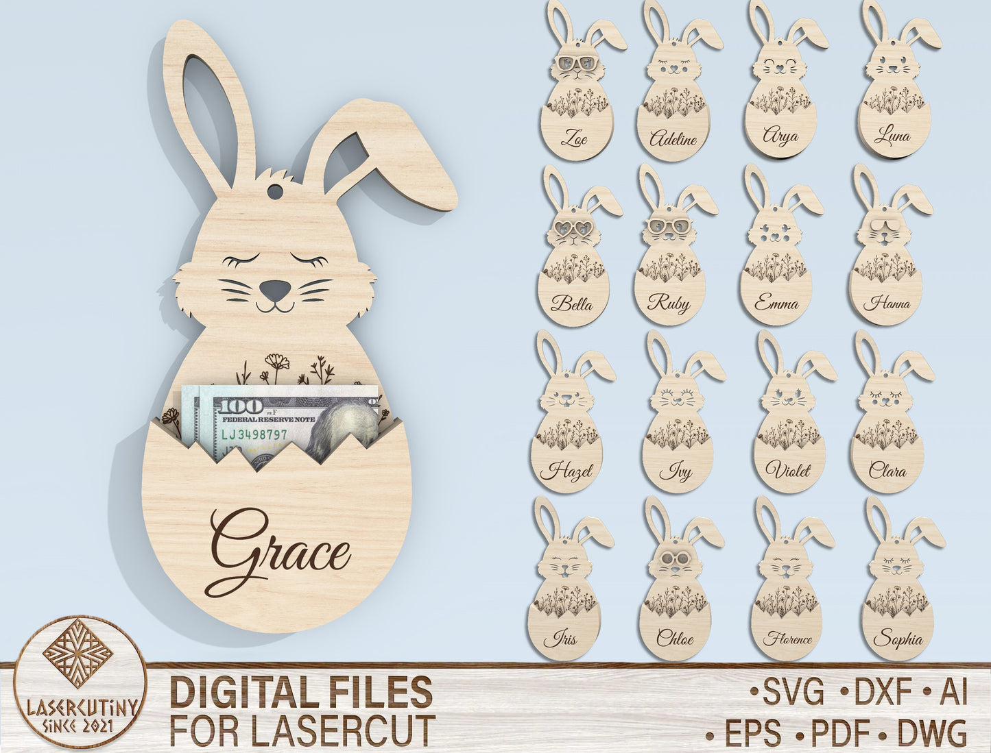 Personalized Easter Bunny Money Holder SVG Bundle for Glowforge