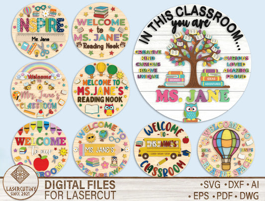 Personalized Classroom Door Sign SVG Bundle Laser Cut File for xTool and Glowforge