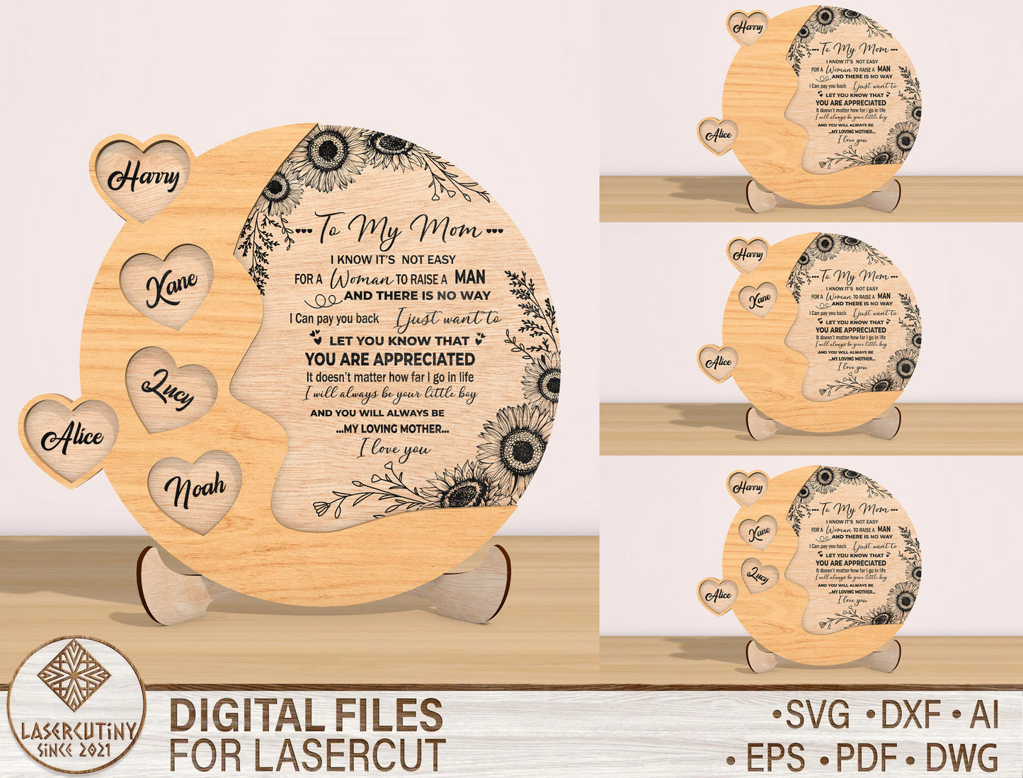 Personalized Mom Heart Sign SVG Sunflower Laser Cut File for LightBurn and xTool