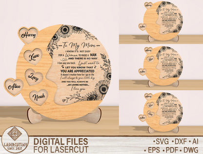 Personalized Mom Heart Sign SVG Sunflower Laser Cut File for LightBurn and xTool