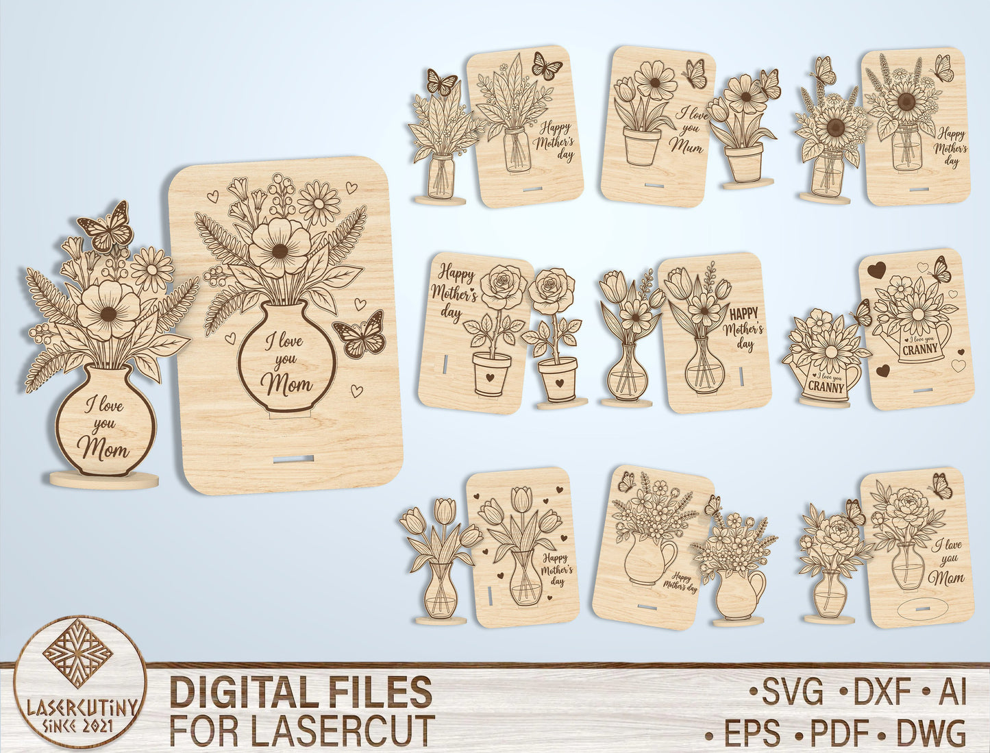 Floral Card Stand SVG Bundle Mother's Day Laser Cut File for Glowforge and xTool