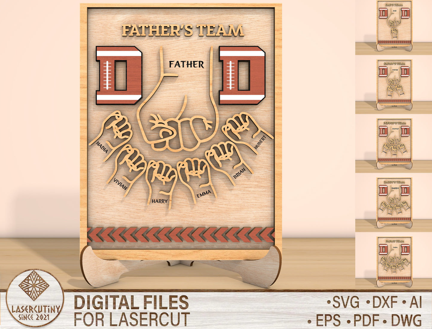 Father's Team Dad Handprint Football Sign SVG Laser Cut File for Glowforge and xTool