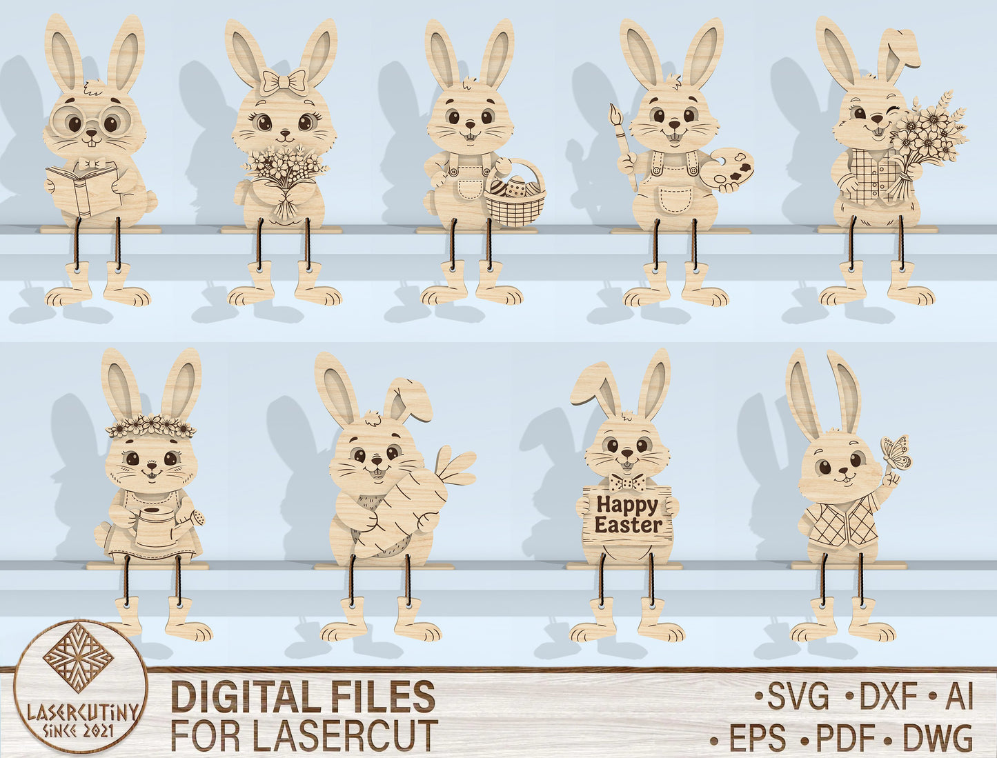 Easter Bunny Shelf Sitters SVG Bundle for LightBurn and Glowforge