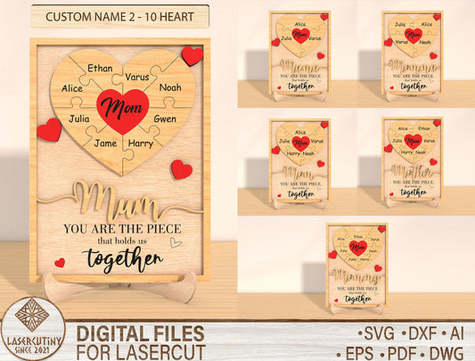 Personalized Mom Heart Puzzle Sign SVG for Glowforge and LightBurn