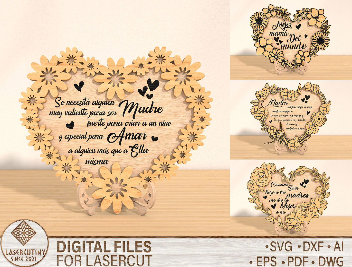Mother's Day Heart Floral Spanish Quote SVG for Glowforge and xTool