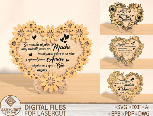 Mother’s Day Heart Floral Laser Cut File Bundle | Spanish Quote Wooden Decor | Layered Flower Wreath | Glowforge, xTool, LightBurn etc.