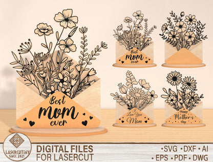 Mother's Day Envelope Flower SVG Bundle Floral Letter for LightBurn