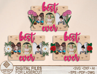 Best Mom Ever Photo Frame SVG Floral Wooden for LightBurn and xTool