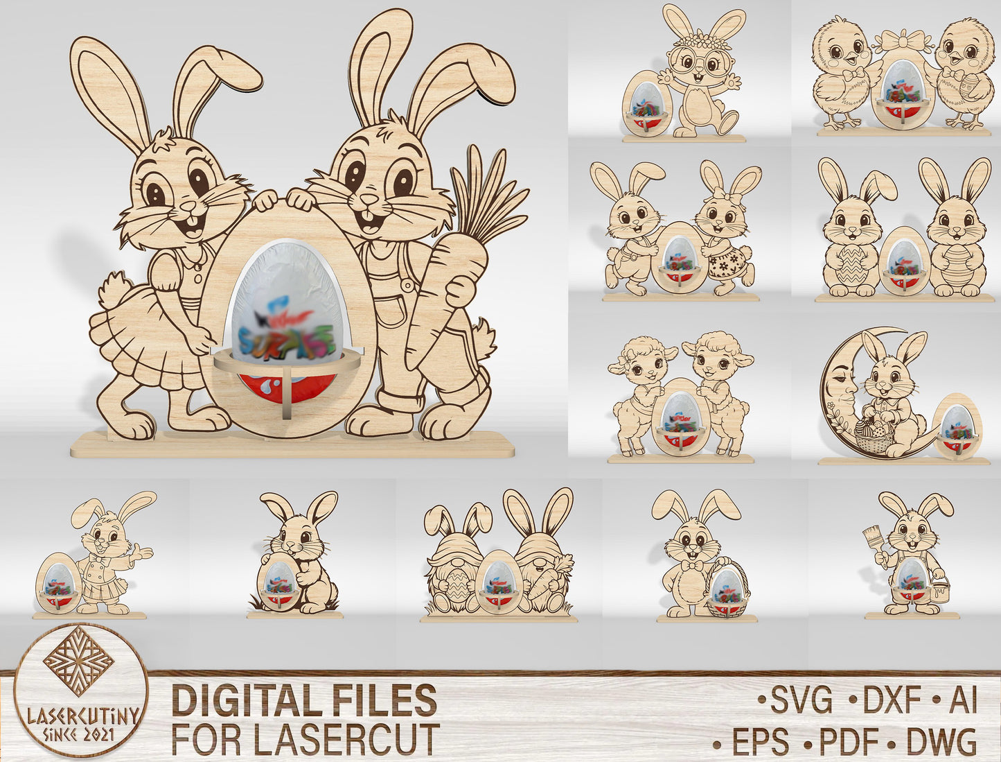 11 Easter Kinder Egg Holder Bundle SVG Laser Cut for LightBurn and Glowforge