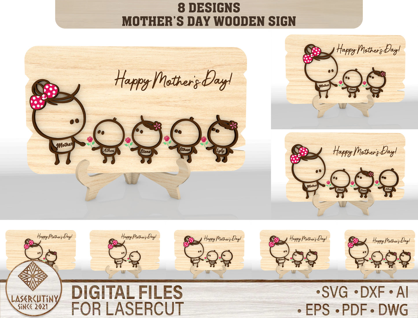 Cute Family Mom Sign SVG Bundle Cartoon for xTool and LightBurn