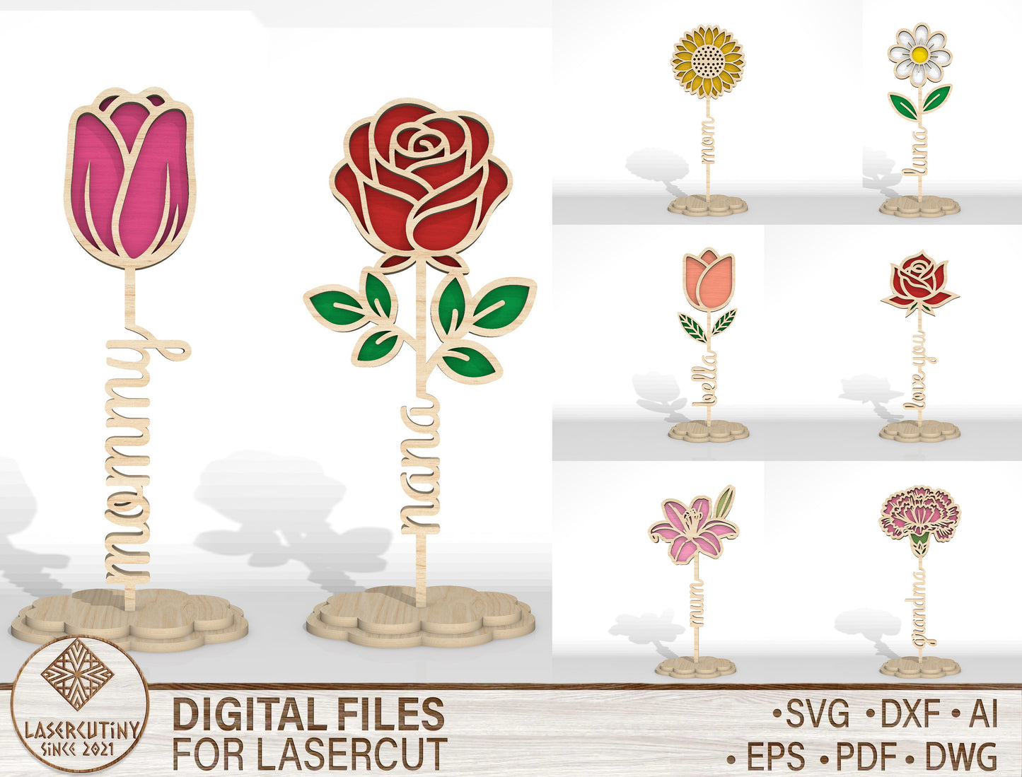 Personalized Standing Flower Name Sign SVG Laser Cut File for Glowforge and xTool