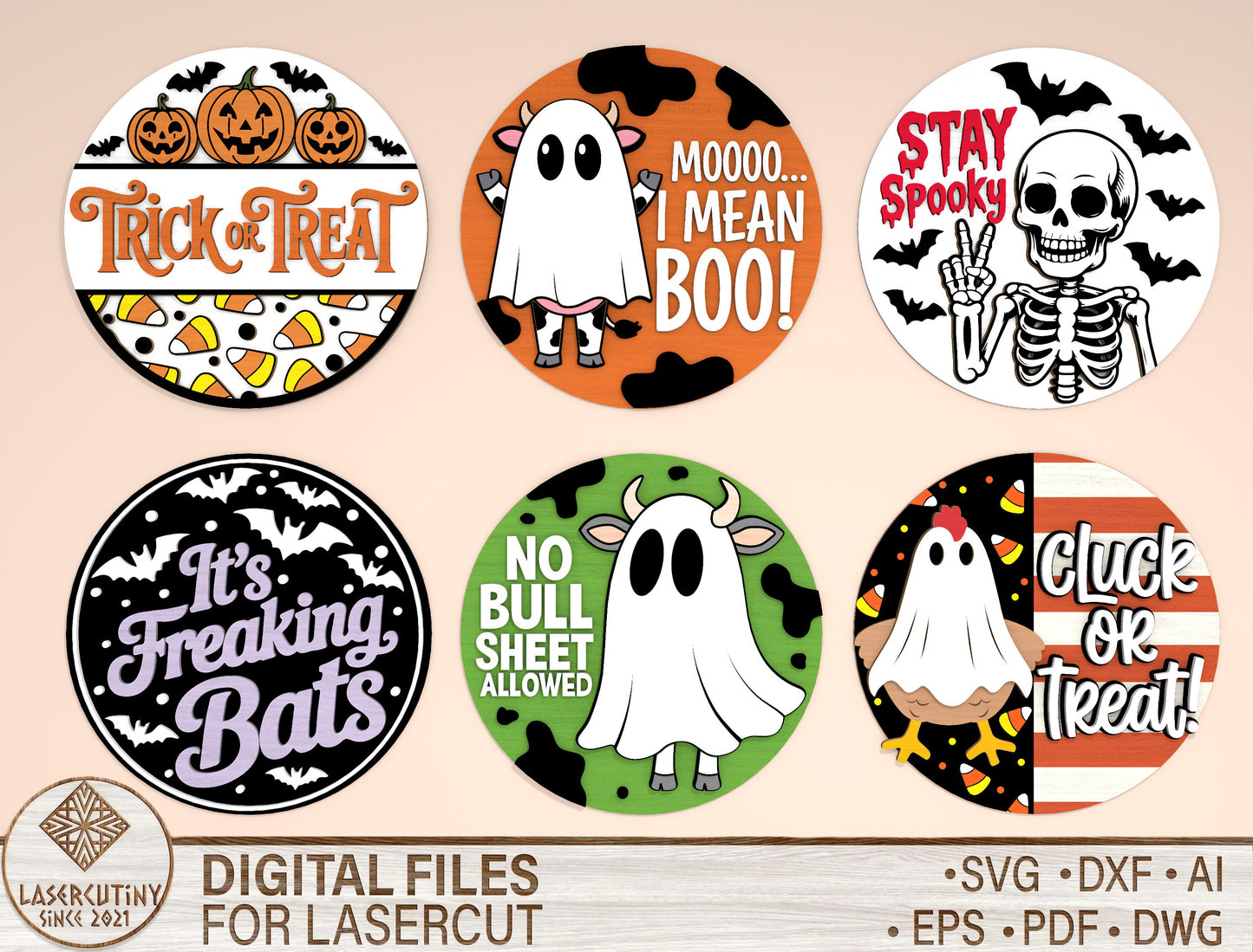 Funny Halloween Round Door Hanger SVG Bundle Laser Cut File