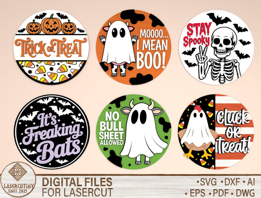 Funny Halloween Round Door Hanger SVG Bundle Laser Cut File | 6 Spooky Quote Designs | Front Door Decor | Glowforge, xTool, LightBurn, etc.