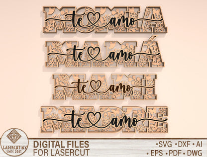Te Amo Mom Floral Word SVG Laser Cut File for LightBurn