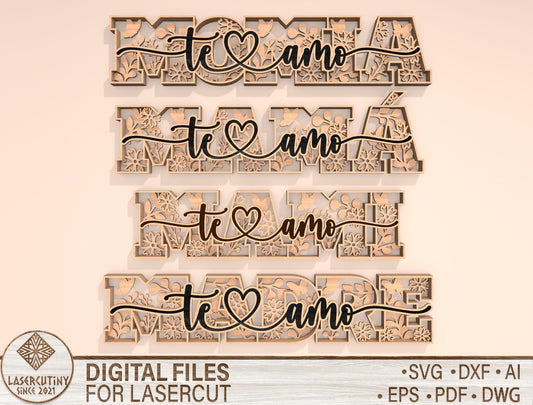 Te Amo Mom Floral Word SVG Laser Cut File for LightBurn