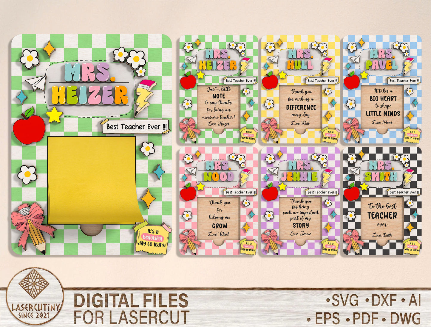 Personalized Teacher Sticky Note Holder SVG Bundle Laser Cut File for Glowforge and LightBurn