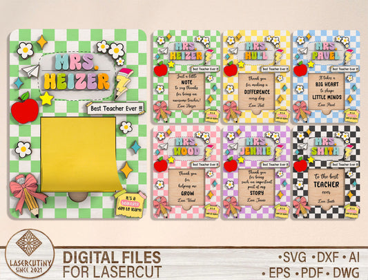 Personalized Teacher Sticky Note Holder SVG Bundle Laser Cut File for Glowforge and LightBurn