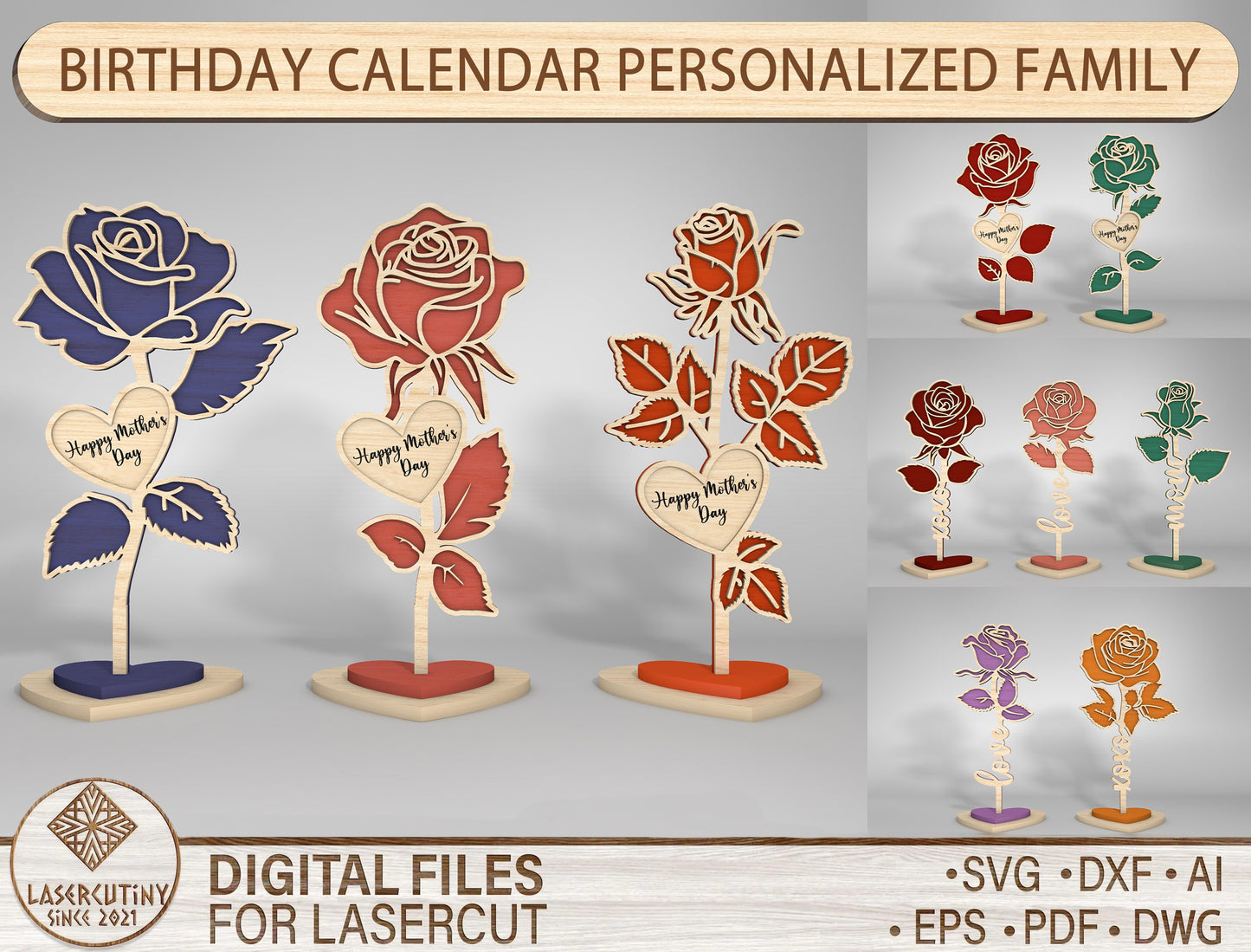Rose Flower Stand Heart Base SVG Bundle for LightBurn and xTool