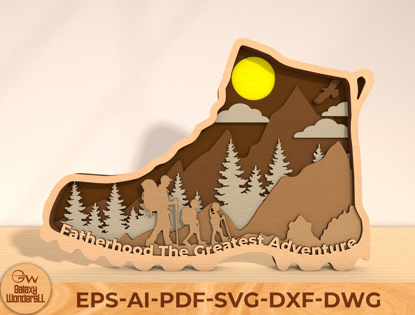 Fatherhood The Greatest Adventure Laser Cut File | Dad Hiking Scene Decor | Layered Mountain Wooden Art | Glowforge, xTool, LightBurn, etc.