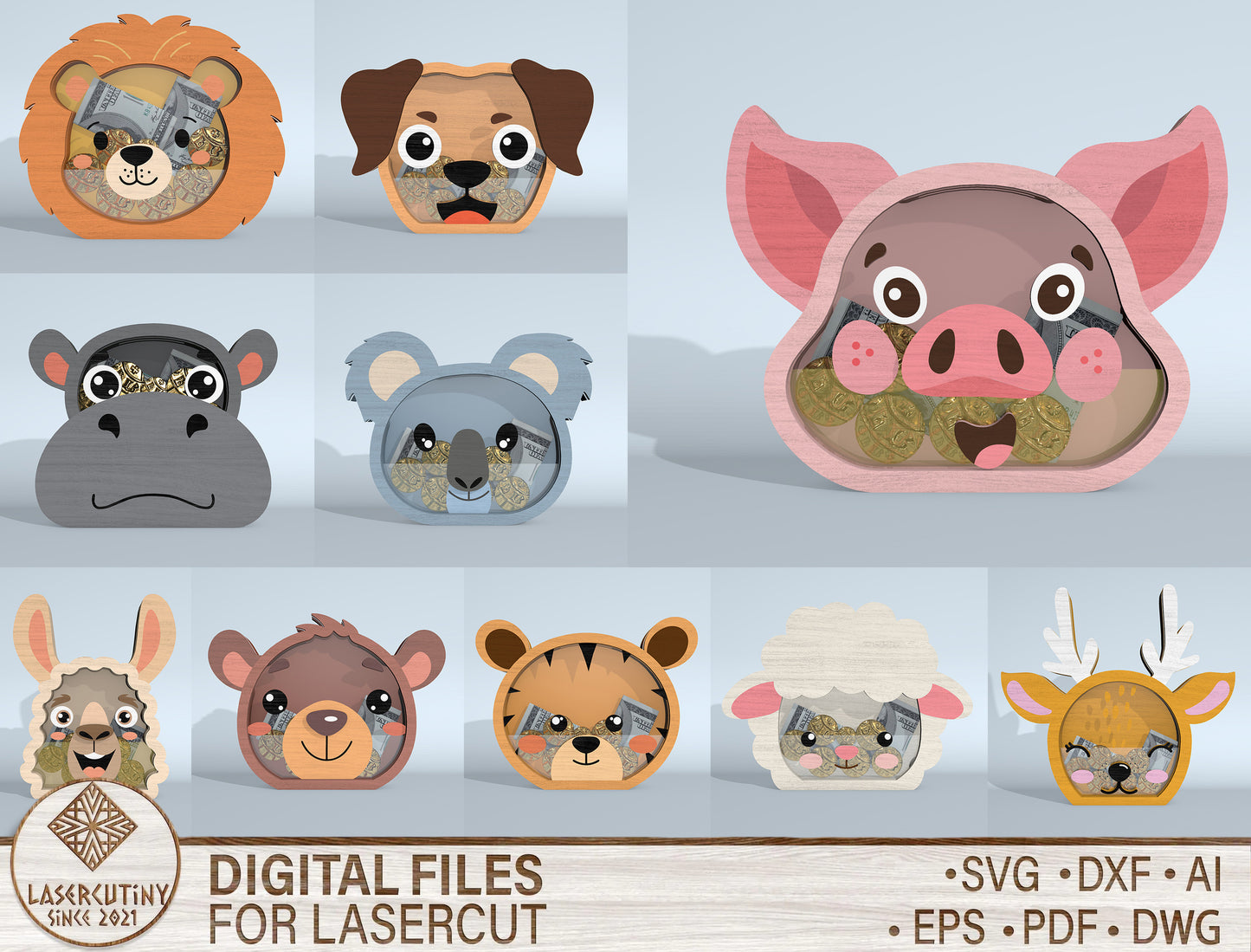 Animal Piggy Bank SVG Bundle Laser Cut File for xTool and Glowforge