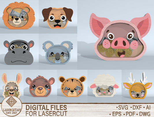 Animal Piggy Bank SVG Bundle Laser Cut File for xTool and Glowforge