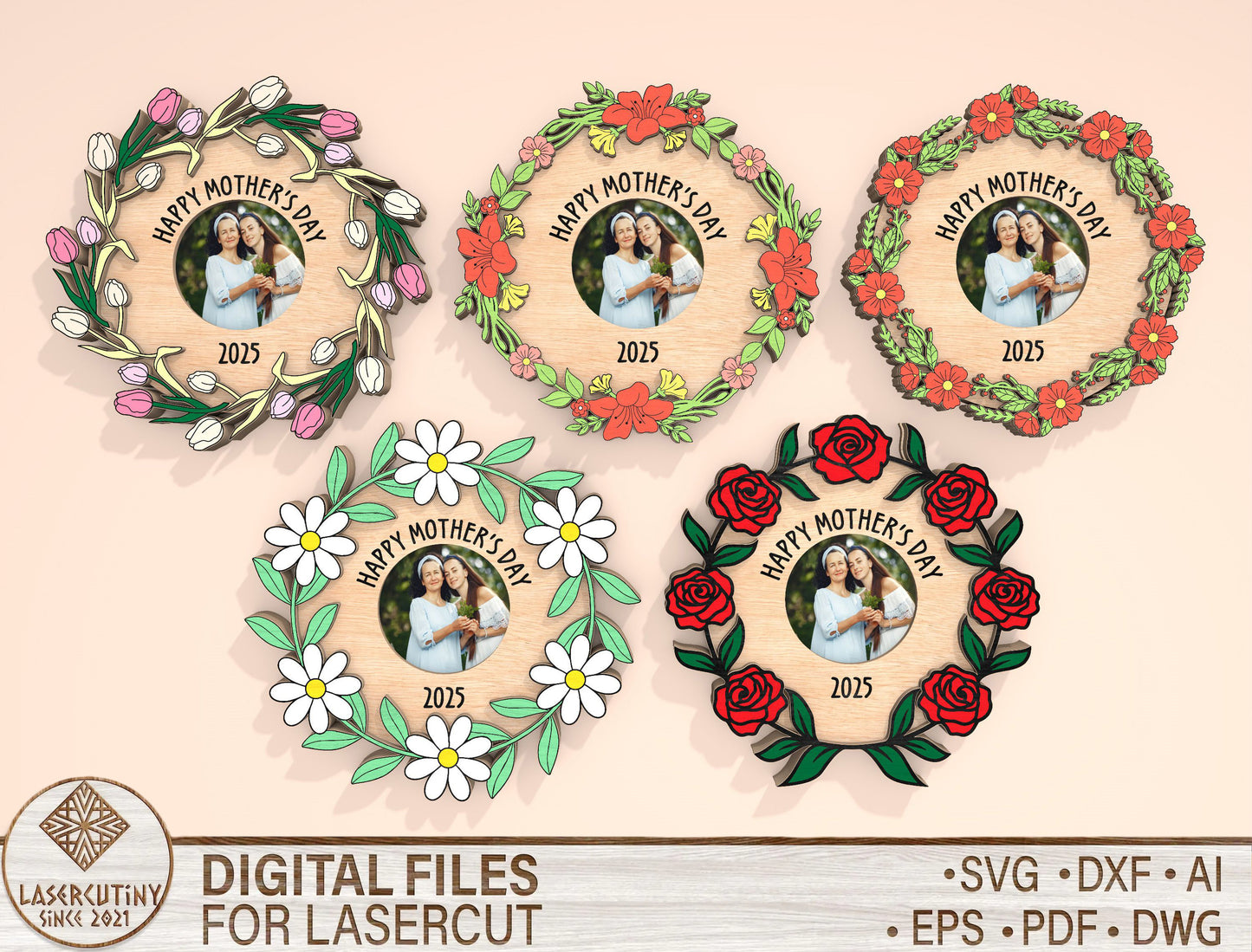 Mother’s Day Floral Wreath Photo Frame SVG for Glowforge